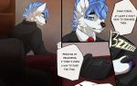  anthro black_nose blue_hair blue_nose canine chloe-dog clothing comic dialogue fur hair male mammal necktie pen phone solo speech_bubble white_fur 