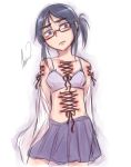  aosora_(mizore) blouse blue_eyes blue_hair bra corset_piercing glasses navel original purple_bra skirt solo underwear white_blouse 