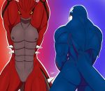  2013 abs anthro blue_skin butt cetacean duo featureless_crotch groudon kyogre legendary_pok&eacute;mon looking_at_viewer male mammal marine markings muscular nintendo nipples pecs pok&eacute;mon pok&eacute;mon_(species) pok&eacute;morph pose red_skin slypon solo spikes video_games whale yellow_eyes 