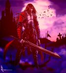 bat black_hair castle castlevania castlevania:_lords_of_shadow commentary dracula facial_hair gabriel_belmondo holding holding_sword holding_weapon long_hair luigiix moon moonlight muscle pale_skin pointy_ears red_eyes sword tombstone vampire weapon white_skin 