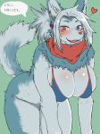  &lt;3 anthro big_breasts blue_eyes blue_fur bra breasts canine cleavage clothed clothing dialogue digital_media_(artwork) dog ear_piercing fangs female fluffy fur hair heterochromia hi_res husko husky inner_ear_fluff japanese_text leaning long_hair looking_at_viewer mammal multicolored_fur open_mouth piercing red_eyes scarf simple_background smile solo standing teeth text toco_(artist) tongue translation_request two_tone_fur underwear white_fur white_hair 