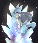  2018 ambiguous_gender anthro black_background bright canine crystals detailed_background digital_media_(artwork) fur glowing hi_res looking_at_viewer lucario mammal nintendo pok&eacute;mon pok&eacute;mon_(species) red_eyes simple_background solo sparkling standing tears video_games ヒツジ 
