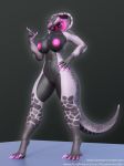  3d_(artwork) anthro black_teeth cobra digital_media_(artwork) facial_piercing female furgonomics furry-specific_piercing genital_piercing hi_res idsaybucketsofart navel navel_piercing piercing reptile rose_(deathhydra) scalie snake solo 