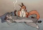  breasts canine corsack erection female fox lying male male/female mammal nude silver_fox smoking traditional_media_(artwork) 