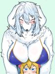  anthro big_breasts blonde_hair blue_eyes boob_hat bra breasts canine cleavage clothed clothing digital_media_(artwork) dog duo eyes_closed female fluffy fur hair hi_res huge_breasts human long_hair looking_at_viewer mammal simple_background toco_(artist) underwear white_fur white_hair 