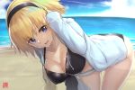  bangs beach bent_over bikini black_bikini blonde_hair blue_eyes blue_jacket blue_sky blurry breasts cleavage commentary_request cowboy_shot day depth_of_field eyebrows_visible_through_hair fate/grand_order fate_(series) goemon1110 hair_flip hairband hood hooded_jacket jacket jeanne_d'arc_(fate)_(all) jeanne_d'arc_(swimsuit_archer) large_breasts long_hair looking_at_viewer ocean open_clothes open_jacket outdoors signature sky smile solo swimsuit thighs very_long_hair 