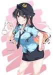  alternate_costume black_hair breasts commentary_request cuffs grin hand_on_hip handcuffs hat kantai_collection large_breasts leaning_forward long_hair looking_at_viewer mikage_takashi multicolored multicolored_eyes multicolored_hair naganami_(kantai_collection) pink_hair police police_uniform purple_eyes skirt smile solo thighhighs uniform yellow_eyes 