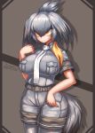  arm_at_side artist_name bangs bare_arms belt bird_tail black_hair breast_pocket breasts closed_mouth collared_shirt commentary dated expressionless eyebrows_visible_through_hair grey_legwear grey_shirt grey_shorts hair_between_eyes hand_up highres huge_breasts impossible_clothes impossible_shirt kemono_friends long_hair looking_afar low_ponytail multicolored_hair necktie no_gloves orange_eyes orange_hair pantyhose pantyhose_under_shorts pocket shiny shiny_hair shirt shoebill_(kemono_friends) short_sleeves shorts side_ponytail silver_hair solo standing tail tsurime upper_body white_neckwear zinfyu 