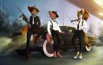  2018 5_fingers anthro black_hair brown_hair canine car clothed clothing detailed_background digital_media_(artwork) digitigrade female fox fur grey_fur group gun hair hat holding_object holding_weapon looking_at_viewer mammal p-v-s ranged_weapon red_fur smile vehicle weapon 
