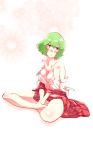  bare_legs bare_shoulders barefoot between_legs blush bra breasts cleavage collarbone collared_shirt crossed_legs floral_background green_hair hand_between_legs hands_together highres indian_style kazami_yuuka looking_away medium_breasts non_(z-art) partially_undressed plaid plaid_skirt plaid_vest red_eyes shirt short_hair sitting skirt solo touhou triangle_mouth underwear vest white_bra 