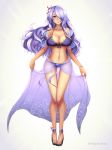  bikini breasts camilla_(fire_emblem_if) cleavage closed_mouth commentary curvy english_commentary fire_emblem fire_emblem_heroes fire_emblem_if floral_print flower full_body gold_trim hair_flower hair_ornament hair_over_one_eye highres hips large_breasts legs long_hair long_legs looking_at_viewer nail_polish navel o-ring o-ring_bikini phiphi-au-thon print_sarong purple_eyes purple_hair purple_sarong sandals sarong see-through see-through_silhouette sidelocks simple_background slender_waist smile solo standing swimsuit thigh_gap twitter_username white_background white_flower wide_hips 