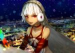 810eru absurdres altera_(fate) altera_the_santa bangs bare_shoulders collarbone dark_skin detached_sleeves earmuffs fate/grand_order fate_(series) headdress highres looking_at_viewer night night_sky photon_ray red_eyes short_hair sky smile snowing solo tan tattoo white_hair 
