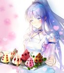 apron blue_eyes blue_hair blush caster caster_lily choker dated fate/grand_order fate_(series) heart highres lavender_hair long_hair pastry pointy_ears ponytail signature solo tray very_long_hair wavy_mouth yamanaka_kotetsu 