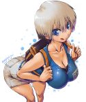  amania_orz bag blue_eyes breasts cleavage collarbone commentary_request curvy large_breasts looking_at_viewer multicolored_hair short_hair skirt sleeveless solo tongue tongue_out two-tone_hair uzaki-chan_wa_asobitai! uzaki_hana white_hair wide_hips 