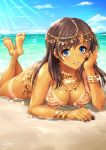  bangle barefoot beach blue_eyes bracelet breasts brown_hair cleavage commentary_request crossed_ankles day fate/grand_order fate_(series) gold_trim head_rest highres jewelry long_hair looking_at_viewer lying mata_hari_(fate/grand_order) nail_polish necklace on_stomach open_mouth sakiyamama sand signature solo tan tanline the_pose water 