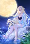  333_(pixiv8601259) absurdres arm_support barefoot black_bikini_top blonde_hair blue_eyes blue_jacket breasts cleavage collarbone eyebrows_visible_through_hair fate/grand_order fate_(series) floating_hair full_body full_moon hand_in_hair headpiece highres hood hooded_jacket jacket jeanne_d'arc_(fate)_(all) jeanne_d'arc_(swimsuit_archer) large_breasts long_hair moon night open_clothes open_jacket outdoors sitting sky smile soaking_feet solo strapless strapless_bikini thigh_strap very_long_hair water 