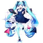  absurdly_long_hair absurdres bangs black_bow black_dress black_ribbon blue_eyes blue_hair blue_legwear bow choker chuki_(lydia) dress eyebrows_visible_through_hair floating_hair full_body hair_between_eyes hair_bow hatsune_miku highres leg_up long_hair low-tied_long_hair pantyhose ribbon ribbon_choker shiny shiny_hair short_dress short_sleeves simple_background smile solo standing standing_on_one_leg swept_bangs twintails very_long_hair vocaloid white_background 