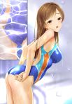  adjusting_clothes adjusting_swimsuit ass blush breasts brown_eyes brown_hair competition_swimsuit highres idolmaster idolmaster_cinderella_girls inset kazu looking_at_viewer multiple_views nitta_minami one-piece_swimsuit open_mouth swimsuit water wet 