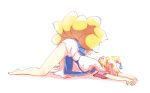  all_fours bare_legs barefoot blonde_hair breasts dress fox_tail hat looking_at_viewer medium_breasts multiple_tails non_(z-art) pelvic_curtain pillow_hat short_hair simple_background solo tabard tail top-down_bottom-up touhou white_background yakumo_ran yellow_eyes 