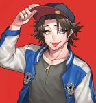  baseball_cap black_hair black_shirt blue_eyes haraodori_sp hat hat_tip heterochromia hypnosis_mic jacket jewelry letterman_jacket male_focus mole mole_under_mouth open_mouth red_background ring shirt simple_background smile solo tongue tongue_out yamada_jirou yellow_eyes 