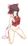  ascot bare_legs black_hair bow breasts covered_nipples detached_sleeves full_body hair_bow hair_tubes hakurei_reimu highres kneeling looking_at_viewer medium_breasts midriff navel non_(z-art) nontraditional_miko panties red_eyes short_hair sideboob sidelocks simple_background solo touhou underwear white_background white_panties wide_sleeves 