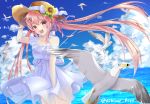  :d aihime_riyo bird blue_sky bow bracelet cloud cowboy_shot day dress dress_lift eyebrows_visible_through_hair floating_hair flower hair_between_eyes hair_ornament hair_ribbon hand_on_headwear hat hat_bow hat_flower hat_ribbon jewelry long_hair looking_at_viewer ocean open_mouth original outdoors pink_eyes pink_hair purple_ribbon ribbon shoulder_cutout sky smile solo standing straw_hat sun_hat sundress sunflower twintails very_long_hair white_bow white_dress white_ribbon wind wind_lift x_hair_ornament 