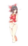  bare_legs bare_shoulders black_hair blouse blush bow breasts collarbone cropped_legs groin hair_bow hair_tubes hakurei_reimu hand_on_own_stomach highres looking_away medium_breasts midriff navel no_pants non_(z-art) open_mouth panties red_eyes short_hair simple_background sleepy standing touhou underwear white_background white_panties 