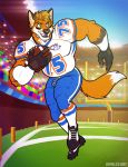  2018 5_fingers american_football anthro ball biceps clothed clothing fingerless_gloves football_(ball) gloves green_eyes hair jersey kihu male mammal muscular muscular_male pants public running shirt smile solo_focus sport 
