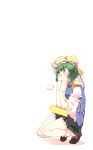  blush breasts epaulettes full_body green_eyes green_hair hat highres miniskirt non_(z-art) open_mouth rod_of_remorse shiki_eiki shirt shoes short_hair short_sleeves sigh simple_background skirt small_breasts socks solo squatting touhou vest white_background 