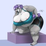  2018 bear big_breasts big_butt breasts butt cleavage clothed clothing digital_media_(artwork) dizzyknight exercise female fur hair hi_res huge_breasts looking_back mammal nipples overweight polar_bear simple_background solo thick_thighs voluptuous weightlifting weights white_fur wide_hips workout 