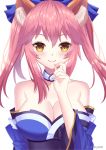  animal_ear_fluff animal_ears bare_shoulders blue_ribbon blush breasts cleavage collarbone detached_sleeves fate/extra fate/grand_order fate_(series) fox_ears hair_ribbon highres japanese_clothes large_breasts looking_at_viewer nekotonyan pink_hair ribbon simple_background smile solo tamamo_(fate)_(all) tamamo_no_mae_(fate) white_background yellow_eyes 