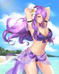  armpits arms_up beach bikini blue_sky breasts camilla_(fire_emblem_if) cleavage cloud cloudy_sky commentary day english_commentary fire_emblem fire_emblem_heroes fire_emblem_if flower gold_trim hair_flower hair_ornament hair_over_one_eye hibiscus highres large_breasts lips long_hair navel o-ring ocean outdoors parted_lips purple_eyes purple_hair purple_sarong sarong seductive_smile see-through sky smile solo standing stefmarii swimsuit thighs twitter_username water white_flower 