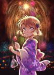  back_bow bag bow brown_hair eyebrows_visible_through_hair fireworks floral_print flower haibara_ai hair_flower hair_ornament highres holding holding_bag japanese_clothes kimono looking_at_viewer looking_back meitantei_conan open_mouth outdoors pink_bow plastic_bag purple_eyes purple_flower purple_kimono rosette_(roze-ko) short_hair sketch solo yukata 