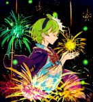  alternate_costume cape closed_eyes closed_mouth commentary fire_emblem fire_emblem:_rekka_no_ken fire_emblem_heroes fireworks from_side green_hair hairband highres japanese_clothes kimono long_sleeves nino_(fire_emblem) sasaki_(dkenpisss) short_hair solo wide_sleeves yukata 