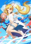  ahoge azur_lane bangs bare_shoulders blonde_hair blue_flower blue_sky blush bouquet commentary_request day dress elbow_gloves eldridge_(azur_lane) electricity eyebrows_visible_through_hair facial_mark flower gloves hair_flower hair_ornament heart highres holding holding_bouquet horizon leg_garter leg_ribbon long_hair midair navel navel_cutout nima_(niru54) ocean outdoors outstretched_arm petals pink_flower pink_rose red_eyes ribbon rose see-through shoes sky sleeveless sleeveless_dress solo tail twintails very_long_hair water wedding_dress white_dress white_flower white_footwear white_gloves white_ribbon white_rose 