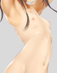  armpits breasts brown_hair close-up grey_background head_out_of_frame navel nipples one-piece_tan original shiny shiny_skin sidelocks simple_background small_breasts solo tan tanline yanagi_yuu 