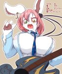  anthro big_breasts breasts claws clothing drooling ear_piercing fdokkaku female fluffy fur green_eyes guitar hair heterochromia japanese_text lagomorph long_hair mammal musical_instrument necktie open_mouth paws piercing pink_hair rabbit saliva shirt simple_background solo text translation_request white_fur yellow_eyes 