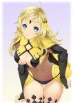  ahoge ashita_yaru ass_visible_through_thighs bangs black_legwear black_panties blonde_hair blue_eyes breasts bridal_gauntlets cape cleavage cowboy_shot fire_emblem fire_emblem_if grey_background head_tilt headpiece jewelry large_breasts leaning_forward long_hair looking_at_viewer navel ophelia_(fire_emblem_if) panties parted_bangs ring see-through smile solo standing thigh_gap thighhighs underwear white_cape 