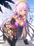  ;d arm_support bangs bare_shoulders bb_(fate)_(all) bb_(swimsuit_mooncancer)_(fate) beach belt between_breasts bikini black_footwear black_gloves black_legwear black_skirt blush boots breasts claw_pose cleavage closed_mouth collarbone commentary_request day earrings eyebrows_visible_through_hair fate/grand_order fate_(series) fingerless_gloves fingernails gloves gyaru hair_between_eyes hair_ornament hair_ribbon hand_up highres jewelry kneeling large_breasts long_hair looking_at_viewer mole nail_polish one_eye_closed open_mouth outdoors purple_bikini purple_eyes purple_hair purple_nails purple_ribbon ribbon ririko_(zhuoyandesailaer) sand skirt smile solo star star_hair_ornament swimsuit tan tanline thigh_boots thighhighs very_long_hair water white_belt 