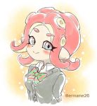  blazer blush bow bowtie breasts collared_shirt commentary eromame grey_eyes jacket looking_at_viewer octarian octoling orange_background pointy_ears red_hair school_uniform shirt smile solo splatoon_(series) splatoon_2 splatoon_2:_octo_expansion striped striped_neckwear tentacle_hair twitter_username upper_body wing_collar 