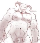  2018 6pklion baron_of_hell demon digital_media_(artwork) doom english_text flaccid hi_res horn humanoid humanoid_penis looking_at_viewer male muscular muscular_male nipples nude open_mouth pecs penis simple_background solo standing text vein veiny_penis video_games 