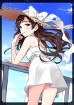  bare_arms bare_shoulders blue_sky bow brown_hair cloud cowboy_shot day dress hat hat_bow hat_ribbon idolmaster idolmaster_cinderella_girls long_hair looking_at_viewer looking_back nitta_minami omaru_gyuunyuu on_railing railing ribbon sky smile solo straw_hat sundress thighs white_bow white_dress white_ribbon 