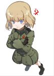  bangs black_footwear black_gloves blonde_hair blue_eyes boots closed_mouth commentary_request cosmic_(crownclowncosmic) crossed_arms emblem eyebrows_visible_through_hair frown full_body girls_und_panzer gloves green_jumpsuit highres katyusha long_sleeves looking_at_viewer pravda_(emblem) pravda_military_uniform short_hair short_jumpsuit simple_background solo standing v-shaped_eyebrows white_background 