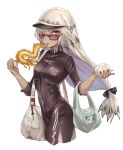  altera_(fate) bag bangs baozi black_dress black_nails breasts dark_skin dress duffel_bag fate/grand_order fate_(series) feet_out_of_frame food food_in_mouth glasses grey_hair headdress heroic_spirit_traveling_outfit high_collar holding holding_food long_sleeves looking_at_viewer medium_breasts nail_polish red_eyes short_hair solo tan veil white_hair yuemanhuaikong 