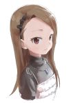  absurdres bangs black_hairband brown_eyes brown_hair facial_mark forehead_mark hairband highres idolmaster idolmaster_(classic) idolmaster_2 jewelry long_hair looking_at_viewer minase_iori necklace solo swept_bangs turtleneck upper_body white_background yamamoto_souichirou 