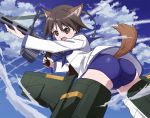  angry animal_ear_fluff animal_ears anime_coloring ass bangs bent_over black_eyes black_hair blue_neckwear blue_sailor_collar blue_sky blue_swimsuit blush breasts cloud dog_ears dog_tail drum_magazine floating from_side gun hair_between_eyes hide_0 holding holding_gun holding_weapon ironsights legs_apart long_sleeves looking_at_viewer looking_back looking_to_the_side machine_gun mecha_musume midair miyafuji_yoshika neckerchief one-piece_swimsuit open_mouth outdoors outstretched_arm parted_bangs sailor_collar school_swimsuit school_uniform serafuku shirt short_hair sky small_breasts solo strap strike_witches striker_unit swimsuit swimsuit_under_clothes tail tail_through_clothes thighs trigger_discipline type_99_cannon upshirt v-shaped_eyebrows weapon white_shirt wind world_witches_series 