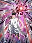  :o absurdres android_21 black_footwear black_sclera black_sleeves black_tubetop boots breasts commentary_request curly_hair dbkenkyuusei detached_sleeves dragon_ball dragon_ball_fighterz dragon_ball_z_dokkan_battle earrings energy_ball floating harem_pants highres hoop_earrings jewelry long_hair majin_android_21 medium_breasts midriff navel pants pink_skin pointy_ears red_eyes solo strapless tail tubetop white_hair white_pants 