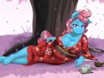  2018 5_fingers anthro beverage big_breasts breasts cleavage clothed clothing cup ear_piercing earth_pony equine eyebrows eyelashes female flower_petals friendship_is_magic fully_clothed grass hair hi_res hooves horse japanese_clothing kimono looking_at_viewer lying mammal mature_female mrs_cake_(mlp) my_little_pony obi on_side outside petals piercing pink_hair pony portrait pose purple_eyes smile tea thebrokencog tree 