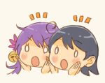  ahoge akebono_(kantai_collection) bell black_hair blank_eyes blush_stickers check_commentary chibi commentary_request flower hair_bell hair_flower hair_ornament hands_on_own_cheeks hands_on_own_face head_only highres jingle_bell kantai_collection multiple_girls open_mouth otoufu purple_hair surprised ushio_(kantai_collection) 