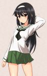  arm_behind_head bangs black_hair black_neckwear blouse brown_eyes chawan_(yultutari) clenched_hand closed_mouth commentary cowboy_shot cross frown girls_und_panzer green_skirt grey_background hairband highres long_hair long_sleeves looking_at_viewer miniskirt motion_lines neckerchief ooarai_school_uniform pleated_skirt reizei_mako school_uniform serafuku single_stripe skirt solo standing traditional_media white_blouse white_hairband 